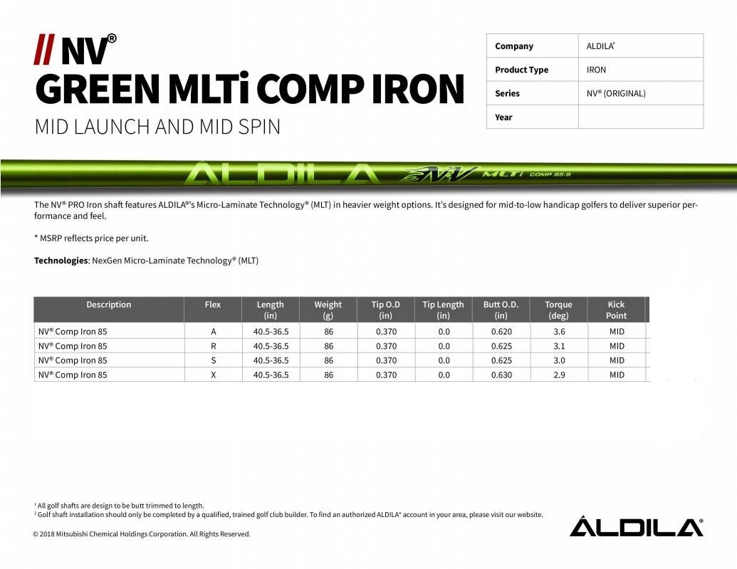 Aldila NV MLTi Comp 85 Green Graphite Iron Shafts - Choose Shaft R, S or X Flex - Image 2